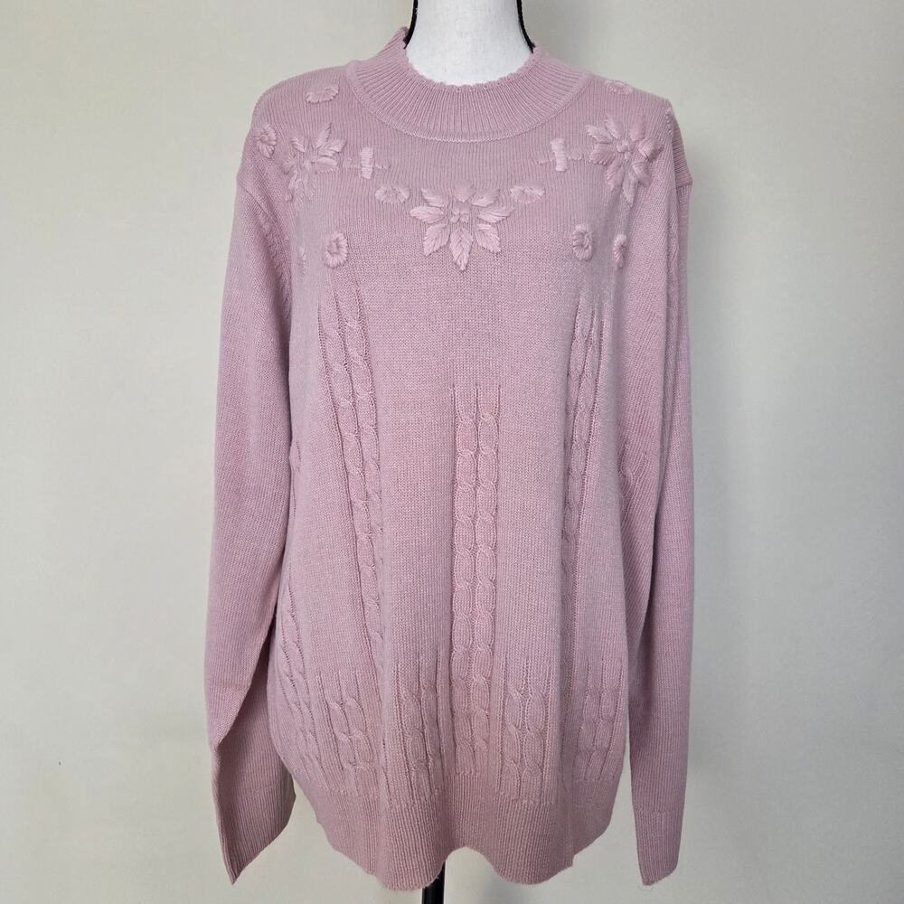 New Vintage Salon Studio by Haband XX Pullover Embroidered Cable Sweater Pink